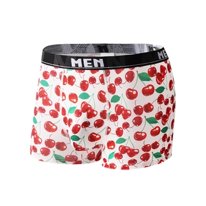 Men's ice silk boxer briefs featuring a fresh red cherry print with black MEN elastic waistband