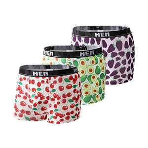 Three-pack of men's ice silk boxer briefs with cherry, avocado and grape fruit prints