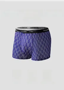 Close-up of navy blue boxer briefs with white diamond pattern and elastic waistband