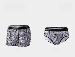 Detailed view of boxer and brief models with tiger print and branded waistband