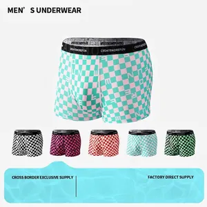 Boxers pour Hommes Respirant Taille Moyenne Mode Imprimé Damier Lettre Confortable Sous-vêtements en Polyester Extensible