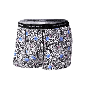 Men's boxer briefs with tiger head print and elastic waistband on white background