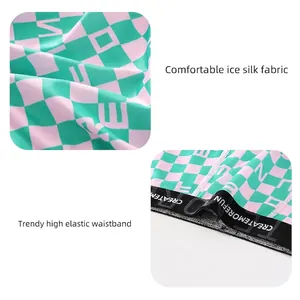 Boxers en soie glacée pour hommes avec imprimé damier vert et rose et taille élastique