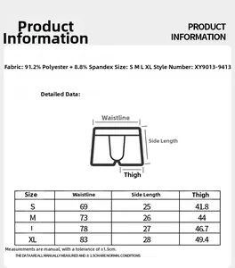Detailed size chart for men's printed boxer briefs showing waist and thigh measurements