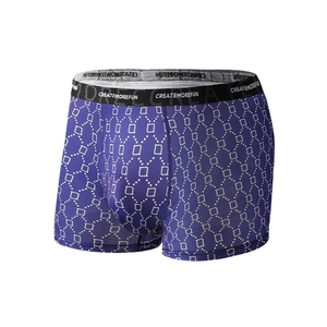 Men's dark purple boxer briefs with geometric grid print and black elastic waistband