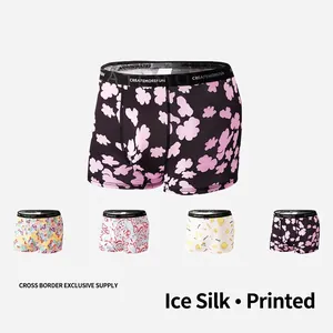 Men's Ice Silk Boxer Briefs Breathable Mid Waist Underwear Comfortable Knitted Printed Trendy Pattern Boxer Shorts