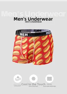 Detail of red men's boxer briefs featuring hot dog print and breathable ice silk fabric