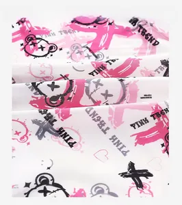 Close-up of breathable ice silk fabric with pink graffiti bear and letter printing