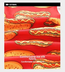 Detailed close-up of breathable red ice silk fabric with cartoon hot dog prints