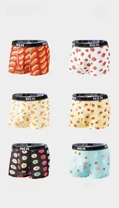 Detailed grid of men's ice silk boxer briefs with creative food themed prints and elastic waistband