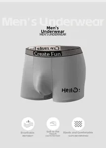 Detail of grey ice silk boxer briefs with black striped waistband and smile print