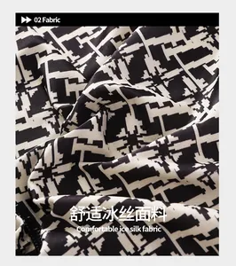 Detail shot of breathable ice silk fabric with black and white geometric pixel pattern