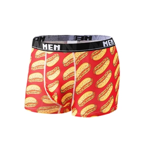 Men's breathable ice silk boxer briefs with vibrant red hot dog print and logo waistband
