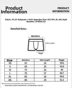 Detailed size chart for men's boxer briefs including XS to 2XL measurements and fabric info