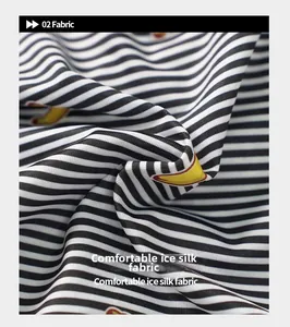 Close-up of comfortable ice silk fabric with black stripes and yellow banana patterns