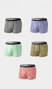 Detailed set of men's striped boxer briefs featuring vibrant banana patterns in five colors