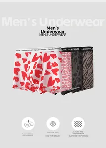 Detailed view of men's boxer briefs in red heart, leopard, and zebra prints with waistbands