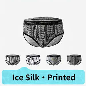 Men's Breathable Ice Silk Briefs Letter Printed Knitted Mid Waist Underwear Comfortable Soft Sporty Underpants For Men