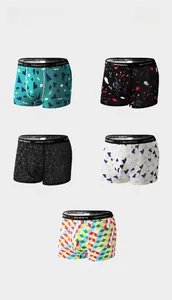 Multiple printed men ice silk boxer briefs with various geometric patterns in clear view