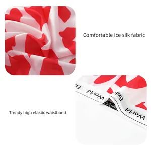 Men's breathable ice silk boxer briefs with red geometric patterns and elastic waistband