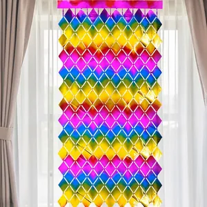 Colorful diamond-shaped tinsel curtain with adhesive tape for party background decor