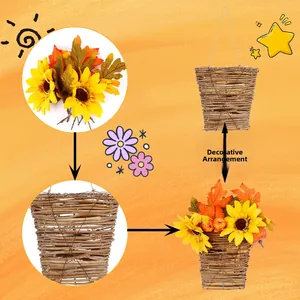 Detail showing artificial sunflower floral arrangement inside a woven wicker wall basket