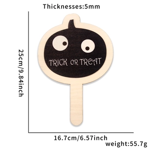 Detailed dimensions of wooden pumpkin trick or treat hand sign for Halloween party decor