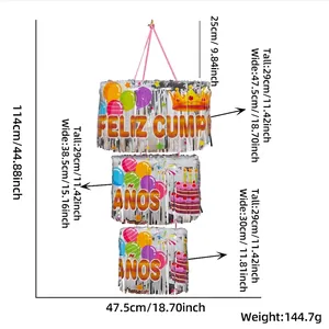 Three-tier silver fringe party decoration with Feliz Cumpleaños text and sizing info