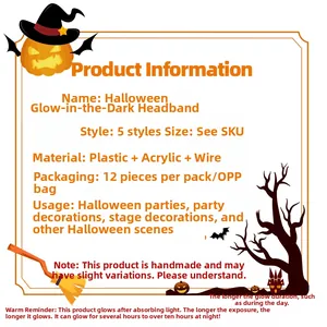 Specifications chart for glow Halloween headbands showing materials and styles
