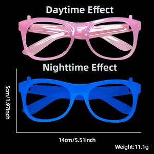 Glow party glasses dimensions showing 14cm width and 5cm height with blue LED effect