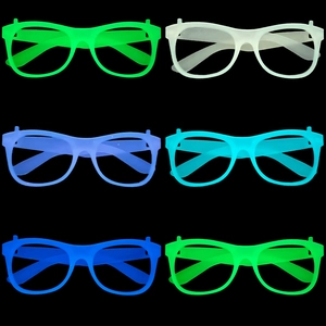 Detailed grid view of glowing neon party eyeglass frames in six vibrant fluorescent colors