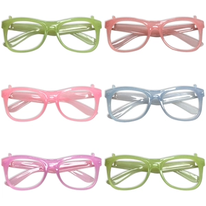 Detailed view of colorful luminous eyeglass frames in six vibrant shades for party decor