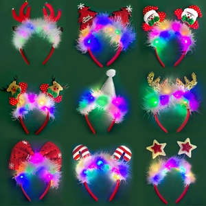 LED Light Up Christmas Headband Feather Antlers Santa Claus Snowman Star Festive Party Hair Accessory Holiday Decoration