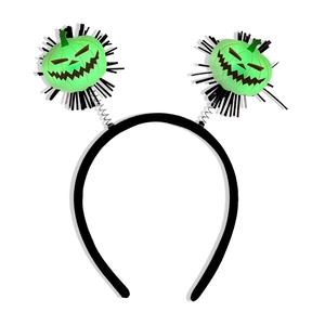 Halloween headband with glowing green pumpkin devil faces and black fringe on springs
