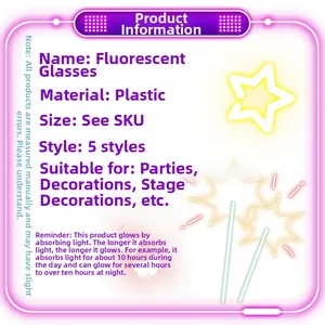 Detailed size and material specification chart for five styles of fluorescent party glasses
