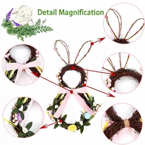 Close-up detail view of a handmade Easter bunny rattan wreath with colorful eggs