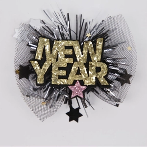 Sparkling New Year headband with gold sequins lettering and black tinsel fringe decor