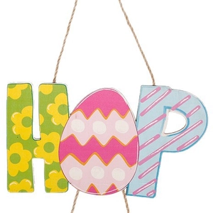 Easter HOP hanging wooden sign with colorful egg pattern and rustic jute rope for home decor