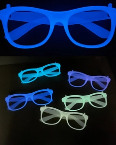 Macro shot of glowing LED party glasses in five neon colors with a sleek black frame