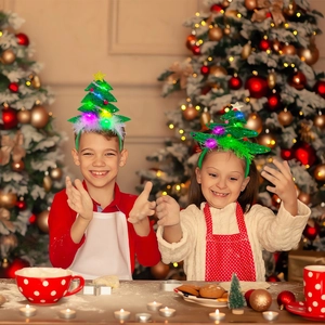LED Light-up Christmas Tree Headband for Parties with Green Glitter and Gold Stars