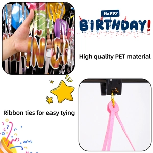 Three-tier shiny PET rain curtain with Happy Birthday print for party wall decoration