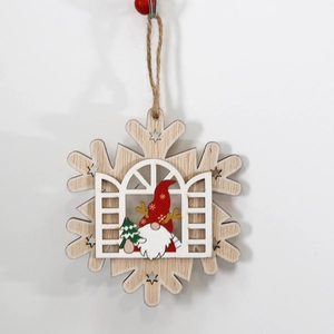 Wooden Christmas snowflake ornament with gnome and tree detail for holiday decoration