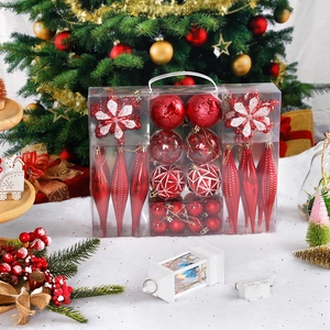 Detailed view of red and silver Christmas tree ornaments in a clear gift carry box