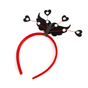 Red velvet headband with black felt wings and heart charms for Valentine's wedding party