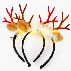 Close-up of LED glowing reindeer antlers headband with battery box and plush details