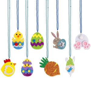 Easter necklace set featuring felt bunnies, chicks, and colorful eggs on blue bead chains