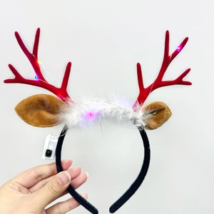 Festive Christmas LED reindeer antler headband with plush fur and colorful glowing lights