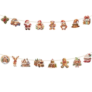 Christmas party banner with Santa, reindeer, and gingerbread man motifs on white background