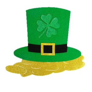 St. Patrick's Day green felt hat decoration with glittery shamrock and gold buckle