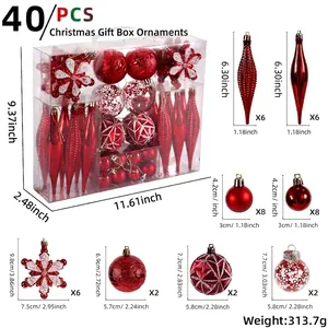 40-piece red Christmas ornament set with diverse finishes and detailed size specifications